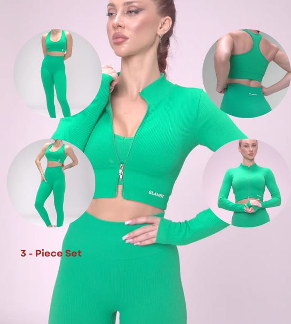 2 Way Zipper Jacket, Padded Sports Bra and Legging Set Green