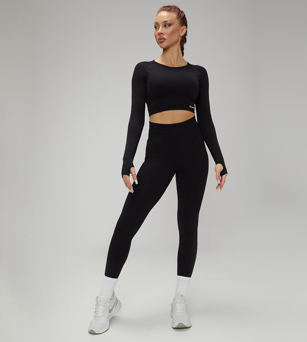 European Quick Dry Long Sleeves Crop Top With Padded Sports Bra, High Waist Leggings Workout Sets Black