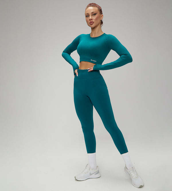 European Quick Dry Long Sleeves Crop Top With Padded sports Bra, High Waist Leggings Workout 3pcs Sets Teal