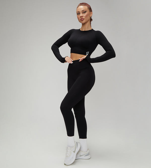 Hot Winter Spring Seamless Long Sleeve Crop Top High Waist Leggings 2psc Set Black