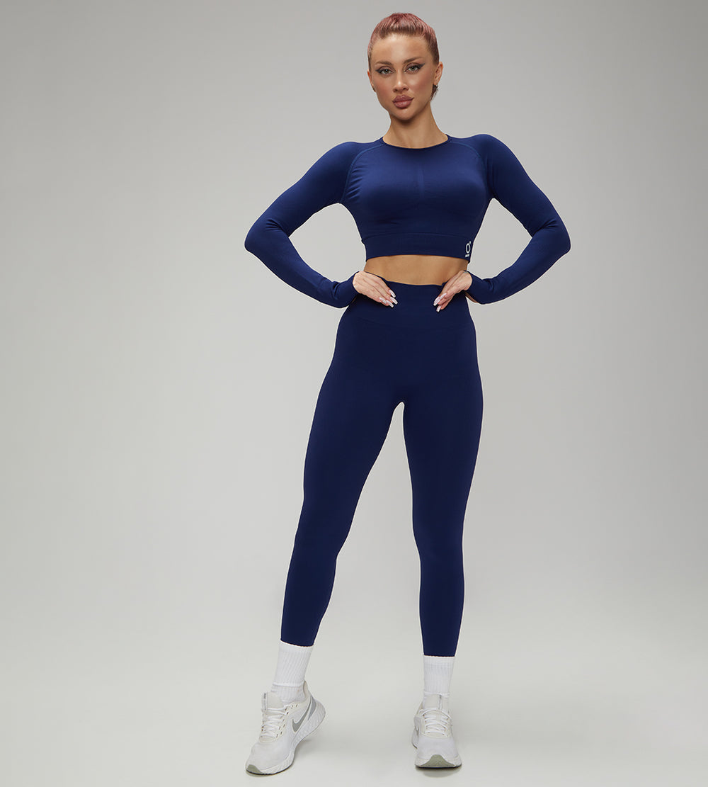 Hot Winter Spring Seamless Long Sleeve Crop Top High Waist Leggings 2pcs  Set Navy Blue