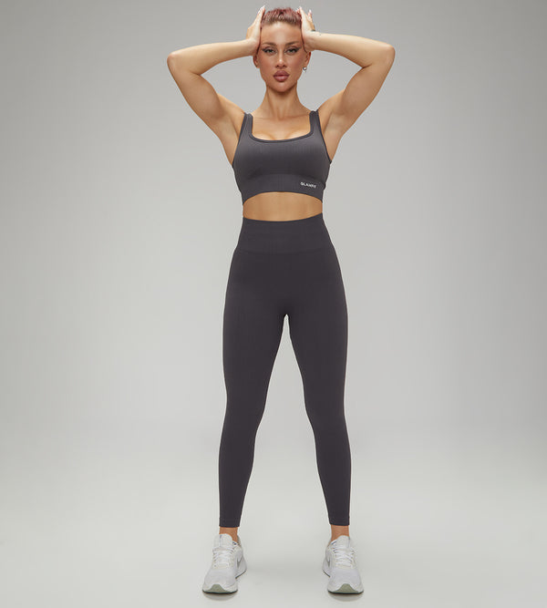 Hot Selling Ribbed Seamless High Waisted Legging, Shorts and Padded Sportswear 4pcs Gym Fashion Set Grey