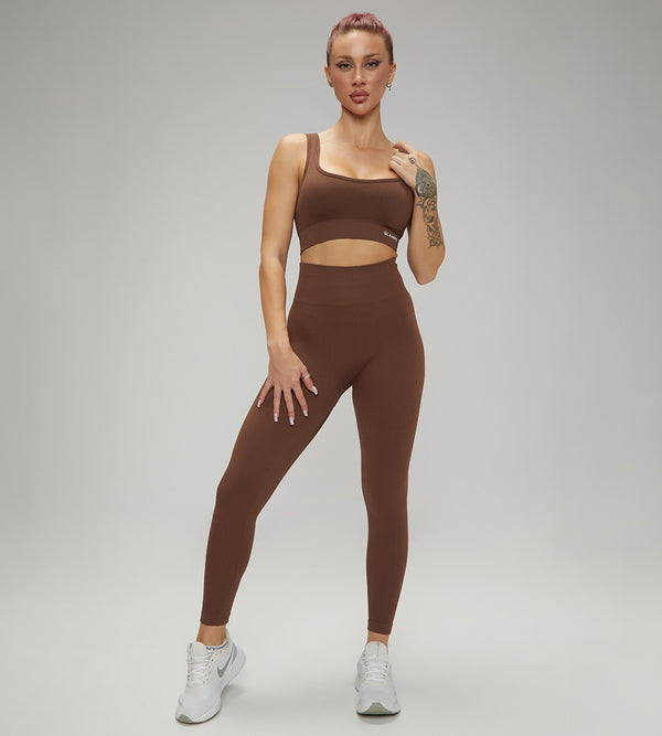 Hot Selling Ribbed Seamless High Waisted Legging, Shorts and  Padded Sportswear 4pcs Gym Fashion Set Brown