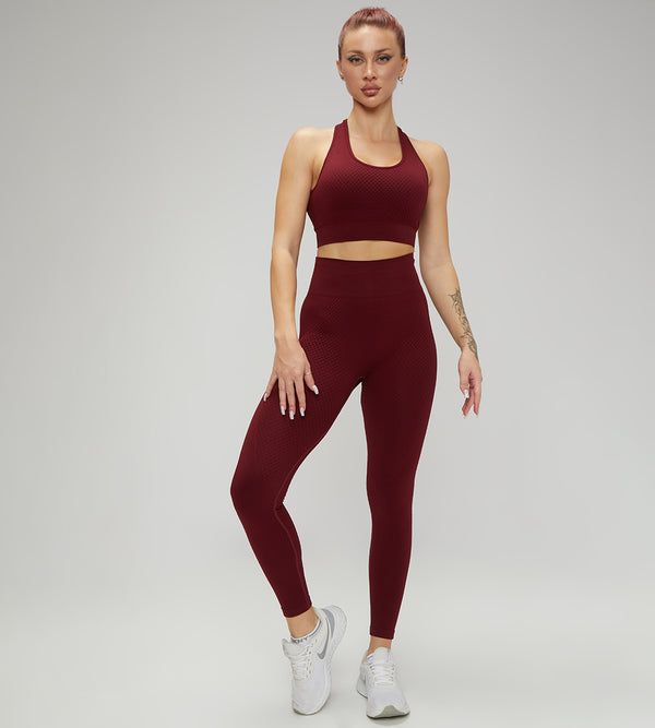 Samless Women 3pcs Yoga Sets Fitness Sport Suit Long Sleeve Zipper with Sport Bra & Leggings Pants Black 3pcs Set Maroon