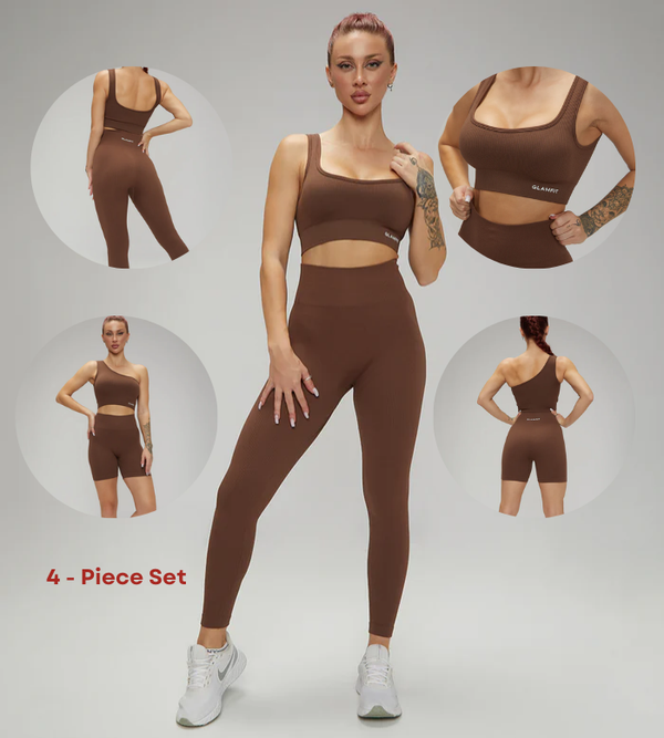 Hot Selling Ribbed Seamless High Waisted Legging, Shorts and  Padded Sportswear 4pcs Gym Fashion Set Brown