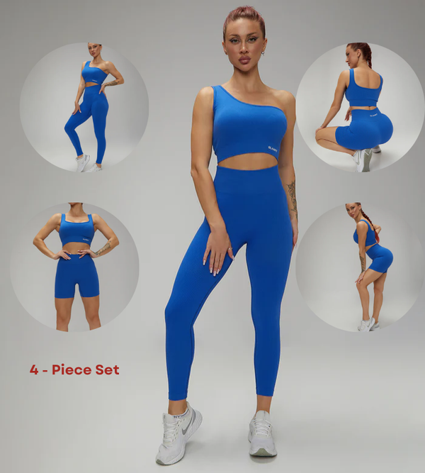 Hot Selling Ribbed Seamless High Waisted Legging, Shorts and  Padded Sportswear 4pcs Set Blue