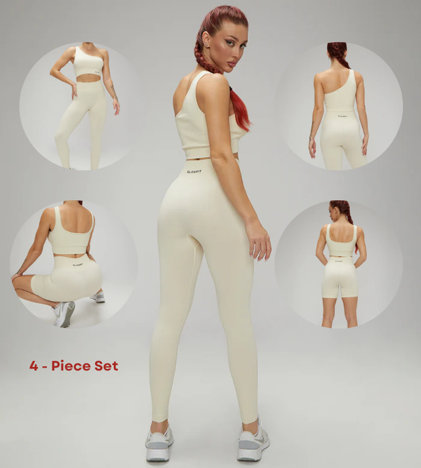 Hot Selling Ribbed Seamless High Waisted Legging, Shorts and  Padded Sportswear 4pcs Set Cream