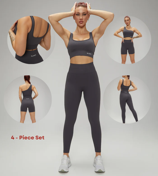 Hot Selling Ribbed Seamless High Waisted Legging, Shorts and Padded Sportswear 4pcs Gym Fashion Set Grey