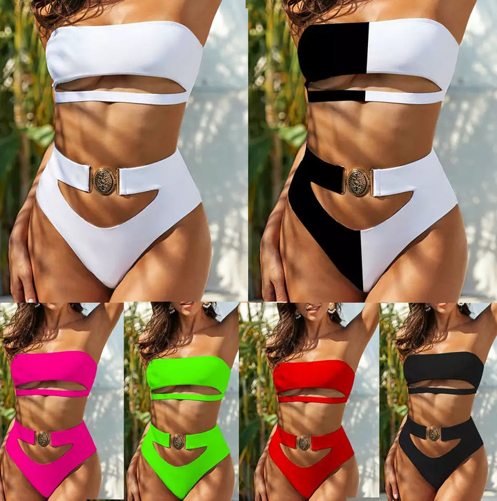 Women Clothing Summer Bikini Solid Swimwear Hollow Out High Waist Sexy Beach Swimwear Set Black