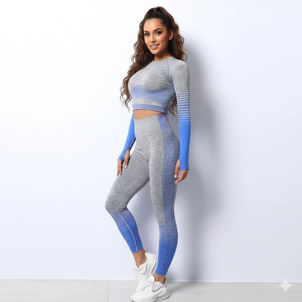 Women Seamless Workout Outfits Sport Long Sleeve And Legging Light Grey Blue