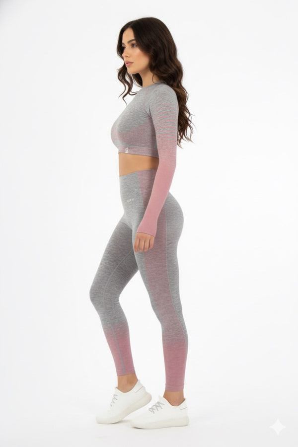 Women Seamless Workout Outfits Sport Long Sleeve And Legging Pink Grey