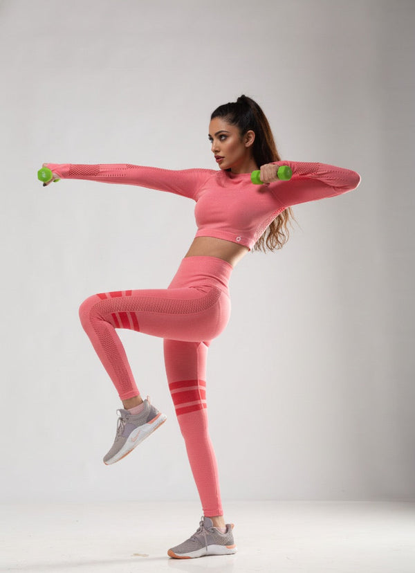 Women Seamless Workout Outfits Sport Long Sleeve And Legging Peach Net