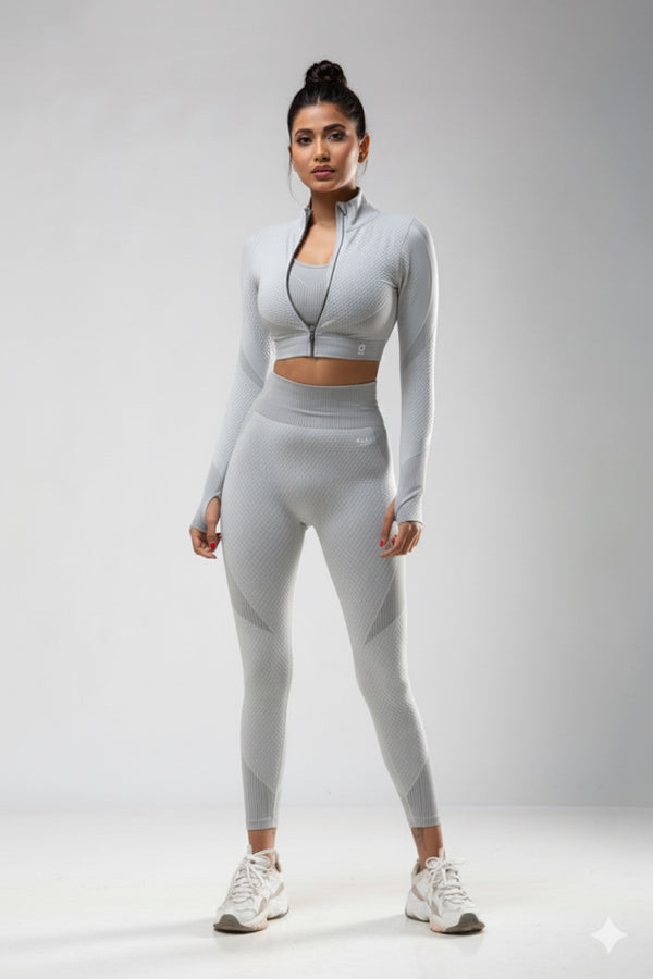 Women Seamless Workout Outfits 2pcs Sport Long Sleeve Zipper And Legging White Gray
