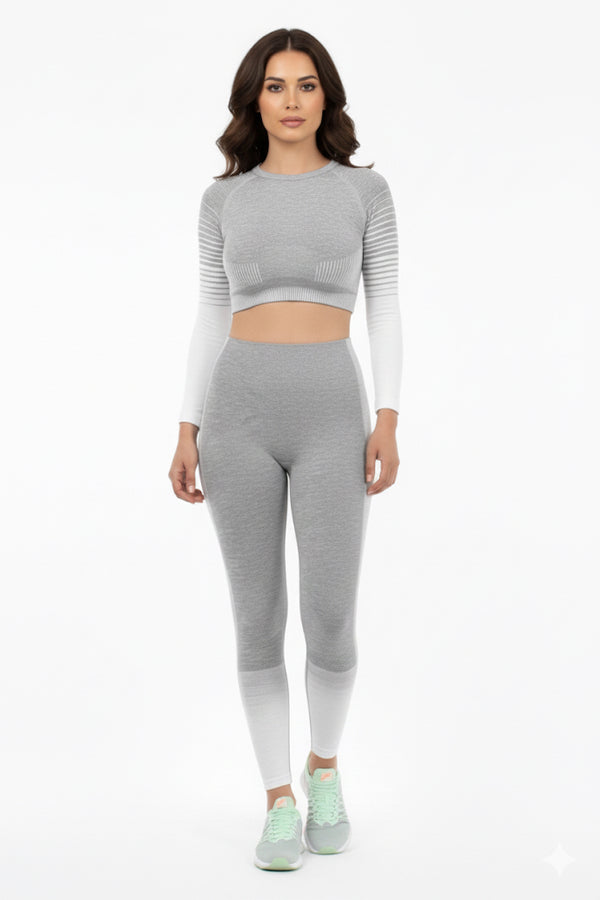 Women Seamless Workout Outfits Sport Long Sleeve And Legging White Gray