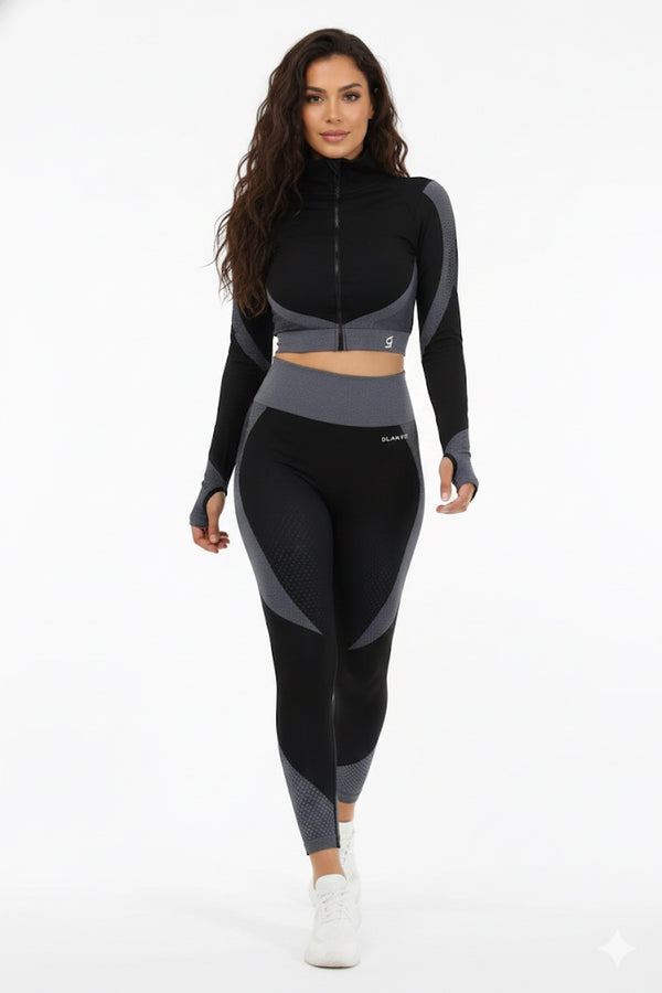 Seamless Women 3pcs Yoga Sets Fitness Sport Suit Long Sleeve Zipper with Sport Bra & Leggings Pants Black & Gray