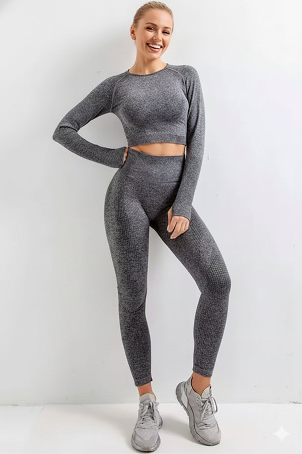 Women Seamless Workout Outfits Sport Long Sleeve And Legging Grey Plain