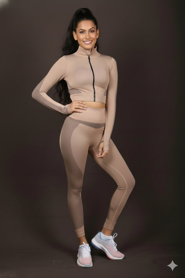Seamless Women 3pcs Yoga Sets Fitness Sport Suit Long Sleeve Zipper with Sport Bra & Leggings Pants Nude Cream