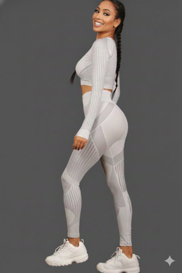 Women Seamless Workout Outfits Sport Long Sleeve And Leggings Grey