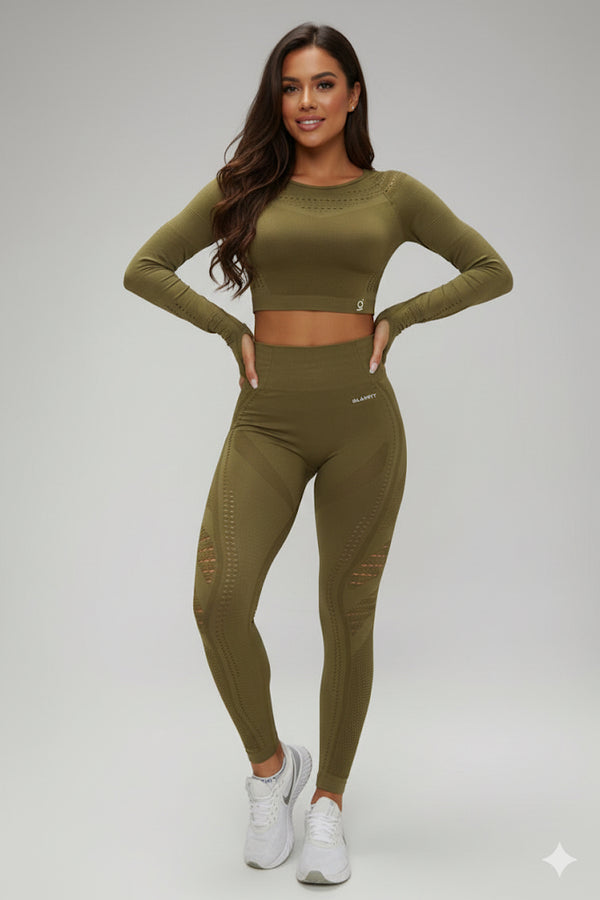 Women Seamless Workout Outfits Sport Long Sleeves And Leggings Khaki