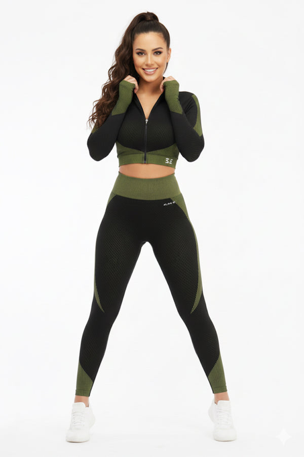 Women Seamless Workout Outfits 2pcs Sport Long Sleeve Zipper And Legging Green Black