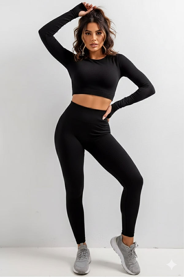 Women Seamless Workout Outfits Sport Long Sleeve And Legging Black Plain