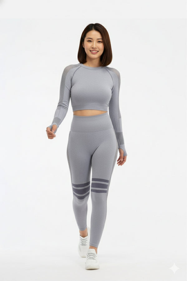 Women Seamless Workout Outfits Sport Long Sleeve And Legging Grey Net
