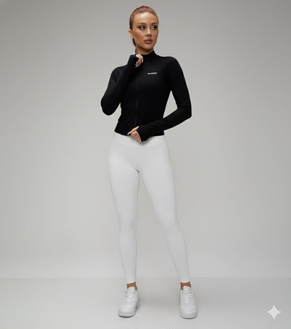 Slim Fit Running Jacket Women Solid Color Turtleneck Long Sleeve  Breathable Zipper Black