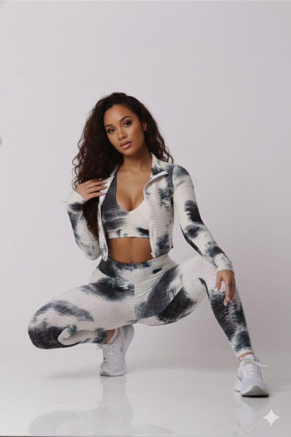 Women Soft Compression Seamless Tie Dye High Waist Leggings Bra and Jacket Set Light Black & White