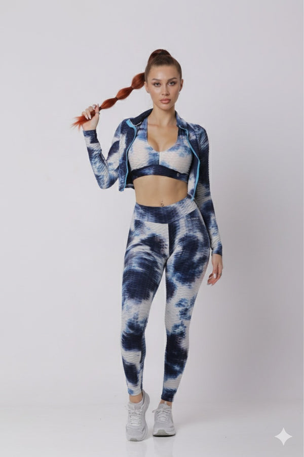 Women Soft Compression Seamless Tie Dye High Waist Leggings Bra and Jacket Set Light Blue and White