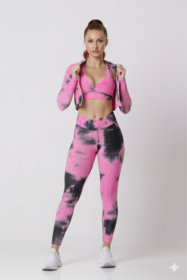 Women Soft Compression Seamless Tie Dye High Waist Leggings Bra and Jacket Set Pink & Black
