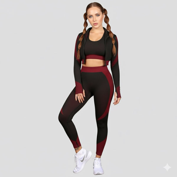 Seamless Women 3pcs Yoga Sets Fitness Sport Suit Long Sleeve Zipper with Sport Bra & Leggings Pants Black & Red