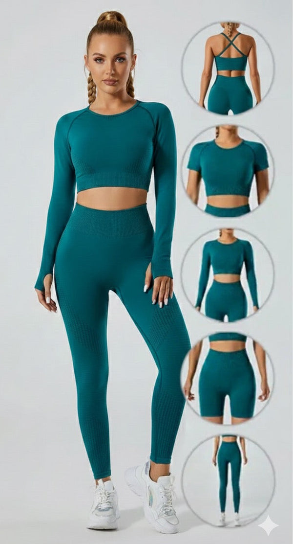 New High Waisted 5 Pieces Workout Yoga, Running Wear Long sleeves, Leggings, Shorts, Sport Bra and Short sleeves Crop Top