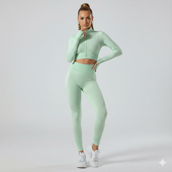 Seamless Women 3pcs Yoga Sets Fitness Sport Suit Long Sleeve Zipper with Sport Bra & Leggings Pants Green