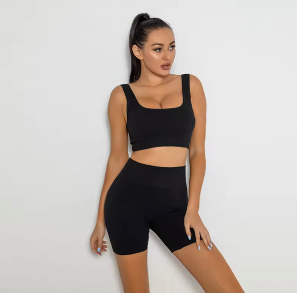 Seamless Ribbed Spaghetti Sport Bra With Shorts BLACK