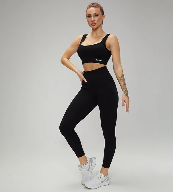 Hot Selling Ribbed Seamless High Waisted Legging and Padded sportswear 2 Pcs Set Black
