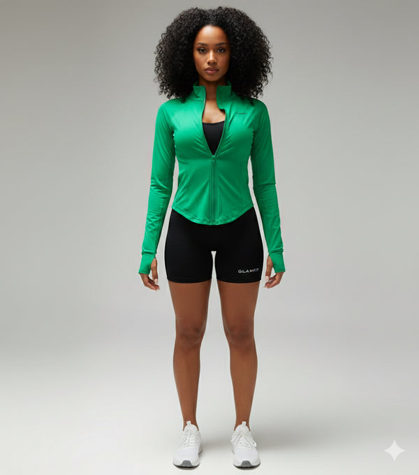 Slim Fit Running Jacket Women Solid Color Turtleneck Long Sleeve  Breathable Zipper Green