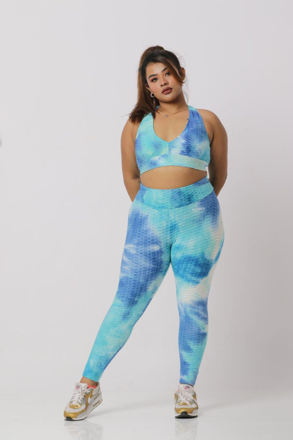 Women Soft Compression Seamless Tie Dye High Waist Leggings Bra and Jacket Set Sky Blue and White