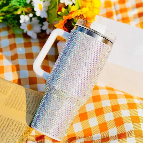 Shiny Diamond Rhinestone Stainless Steel Tumbler with Handle 1.2L