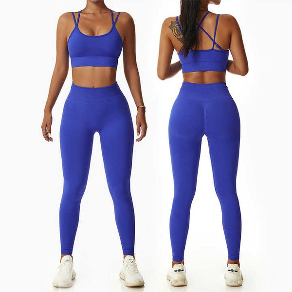 Rib-Knit Ladies High Waist Breathable Sport Pants And ZigZag Back Padded Bra Blue