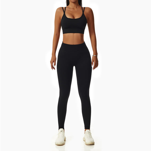 Rib-Knit Ladies High Waist Breathable Sport Pants And ZigZag Back Padded Bra Black