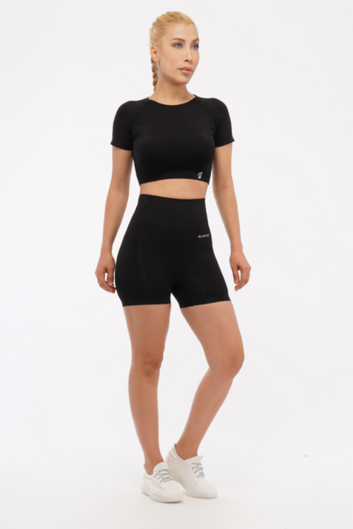 Women Seamless Workout Outfits Sport Crop Top And Shorts Black