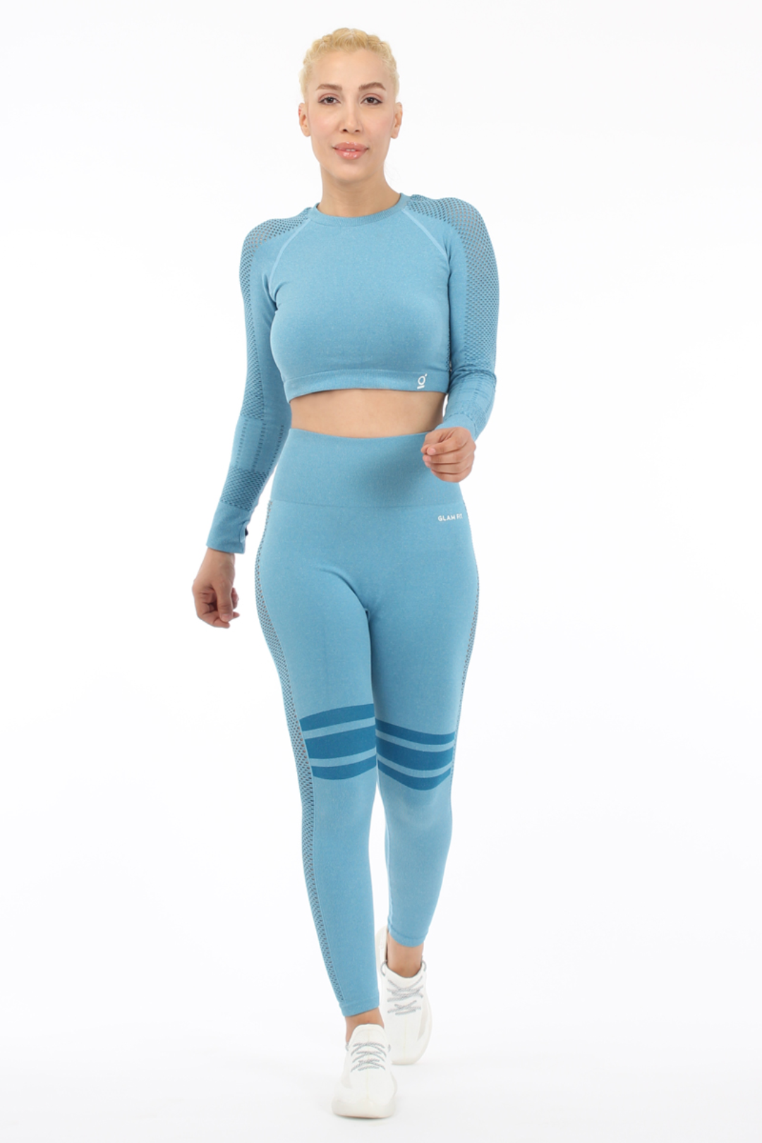Women Seamless Workout Outfits Sport Long Sleeve And Legging Blue Net