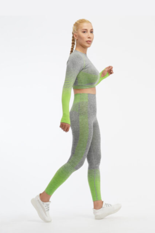 Women Seamless Workout Outfits Sport Long Sleeve And Legging Grey Green