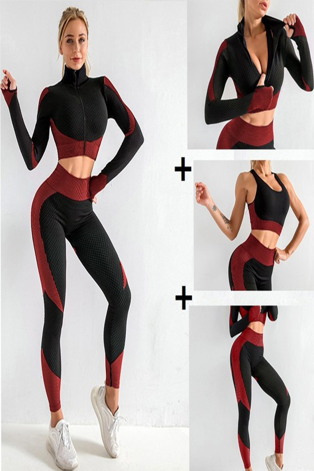 Seamless Women 3pcs Yoga Sets Fitness Sport Suit Long Sleeve Zipper with Sport Bra & Leggings Pants Black & Red