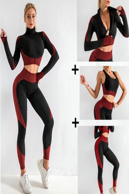 Samless Women 3pcs Yoga Sets Fitness Sport Suit Long Sleeve Zipper with Sport Bra & Leggings Pants Black & Red