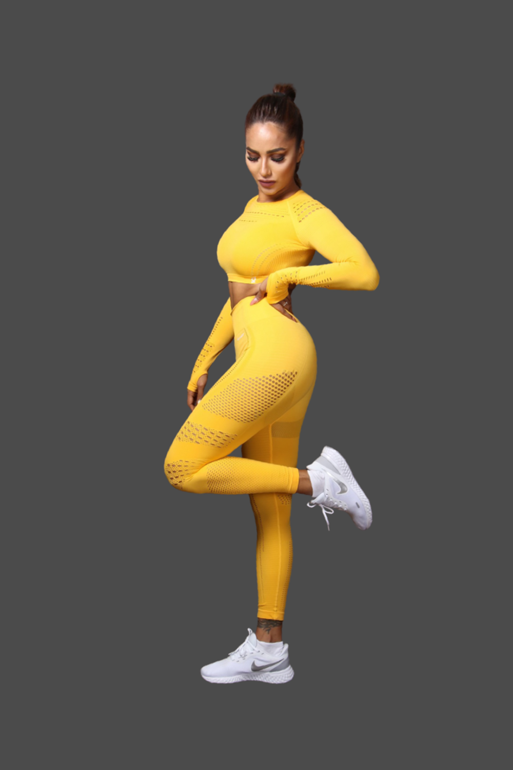 Women Seamless Workout Outfits Sport Long Sleeve And Legging YELLOW