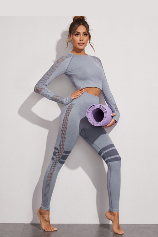 Women Seamless Workout Outfits Sport Long Sleeve And Legging Blue Net