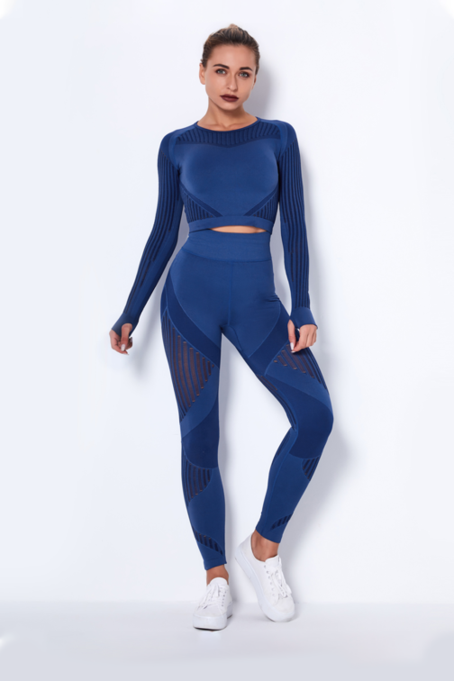 Women Seamless Workout Outfits Sport Long Sleeve And Legging Navy Blue