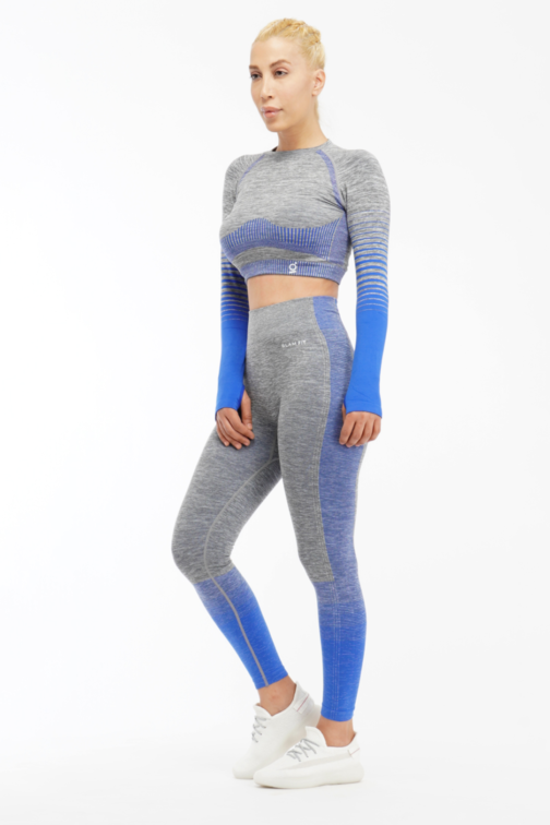 Women Seamless Workout Outfits Sport Long Sleeve And Legging Light Grey Blue
