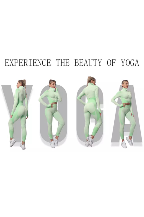 Samless Women 3pcs Yoga Sets Fitness Sport Suit Long Sleeve Zipper with Sport Bra & Leggings Pants Green